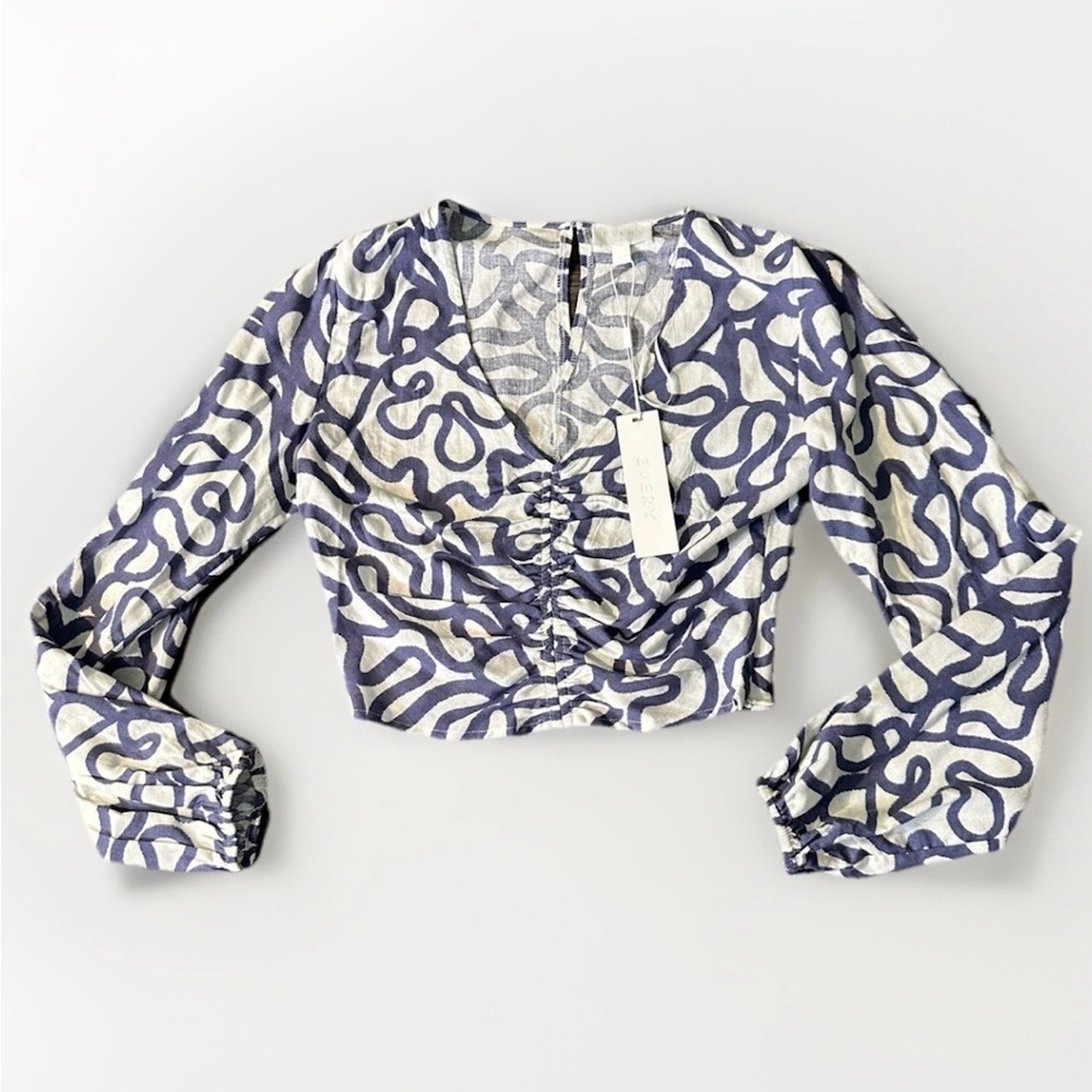 Every Womens Abstract Swirl Ruched Front Crop Top Blue Cream Linen Blend XS NWT